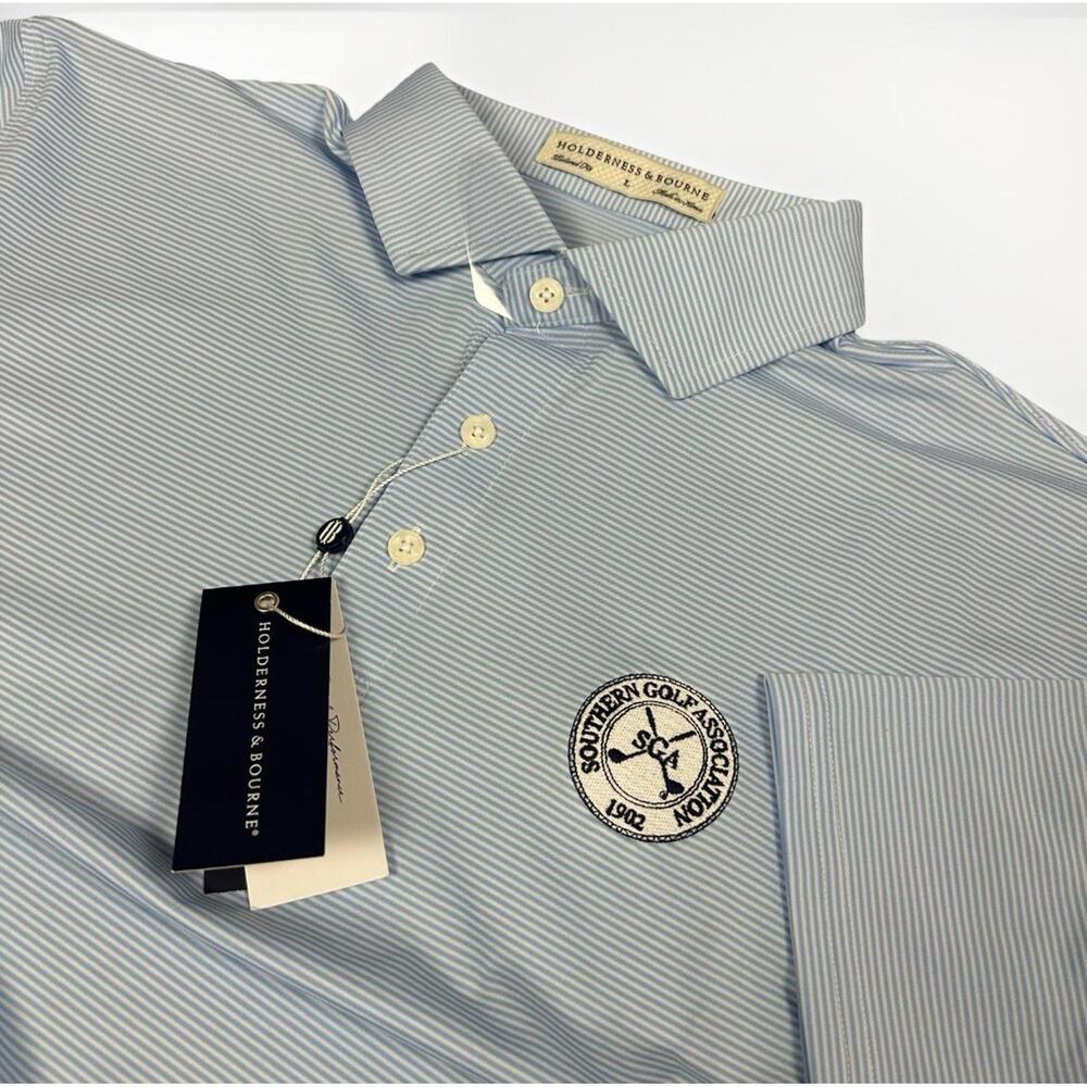 NWT Holderness & Bourne Perkins Striped Polo Shirt SGA Skye & White Golf Polo L